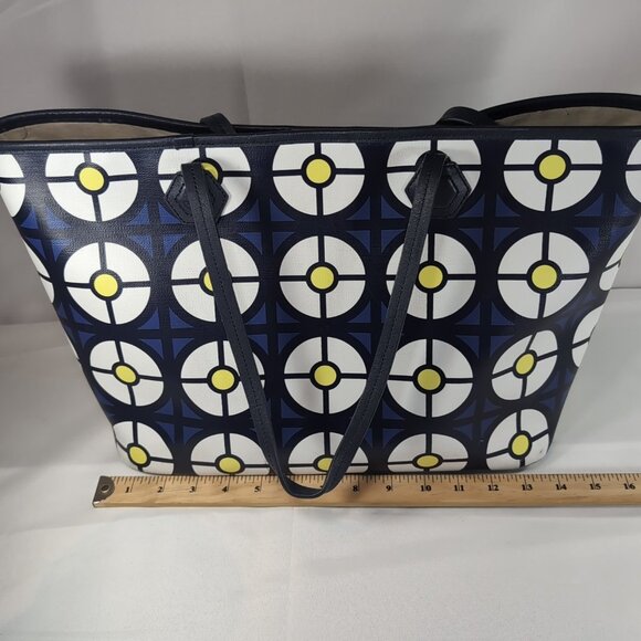 Jonathan Adler Geometric Tote Bag Leather Blue White Yellow Large Shoulder Purse - Picture 16 of 16